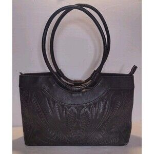 VTG 80s Paraguay Tooled Leather Black Handbag Double Handles 14x8 Satin Lined